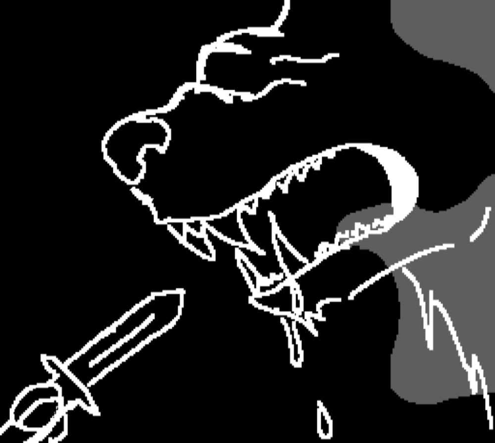 A black and white side view of a sword pointing to the jaws of the beast.