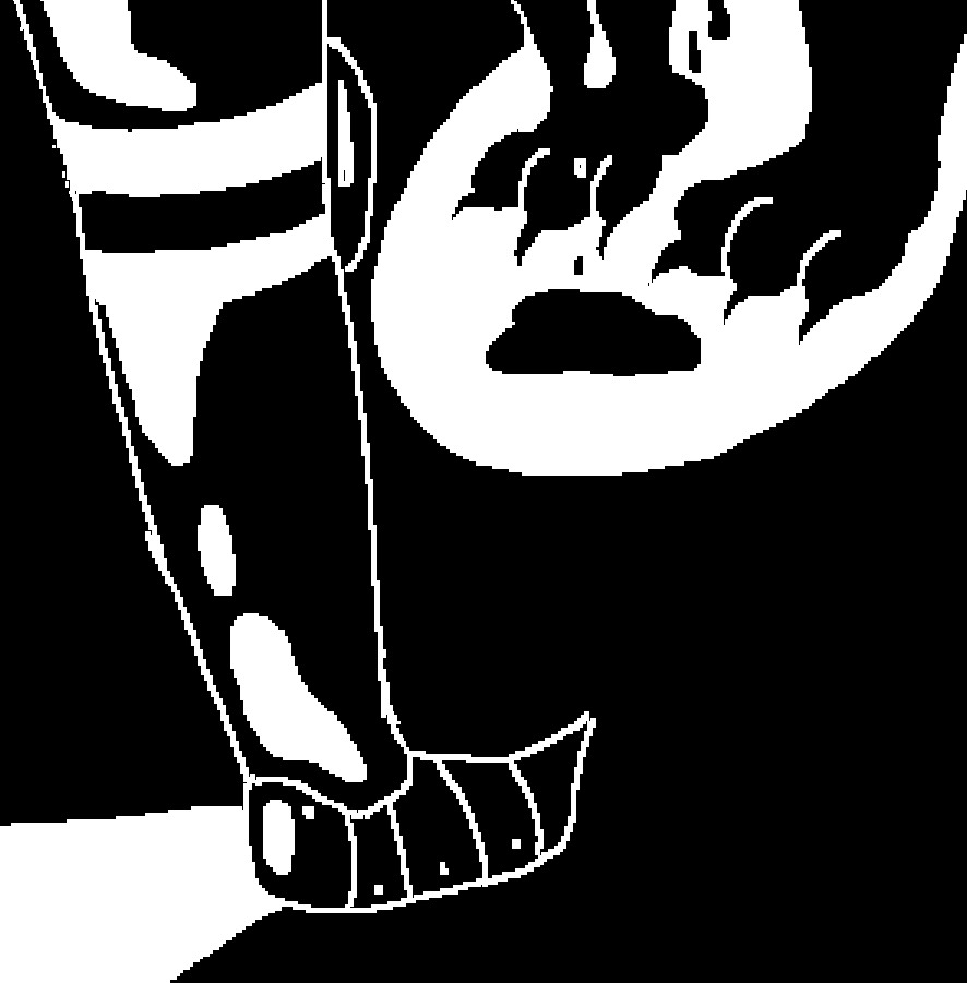 A black and white behind shot of the knight facing the beast, only the beast's paws and the right leg of the knight visible. The knight on the left while the beast in the distance on the right. Saliva drips from the beast's jaws.