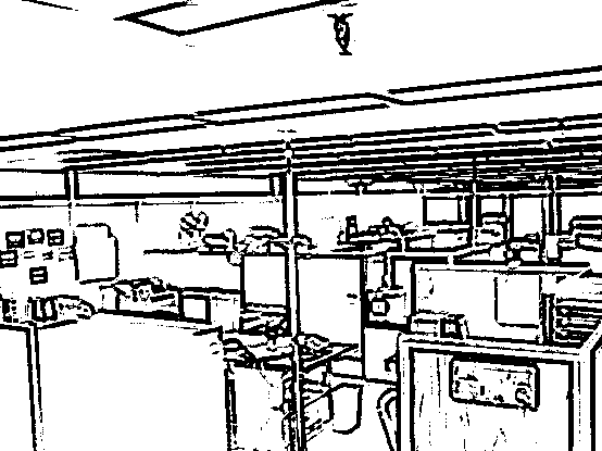 A white outlined office of cubicles against a black background. This is where you are.