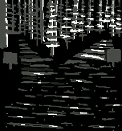 A black and white forking trail with two paths accompanied by signs on each side, now multicolored glitching.