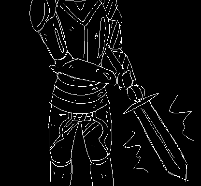 A knight lined in white against a black background, bust down, drawing his sword.